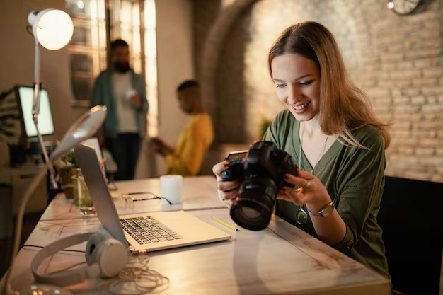 Woman photographer checking images on digital camera