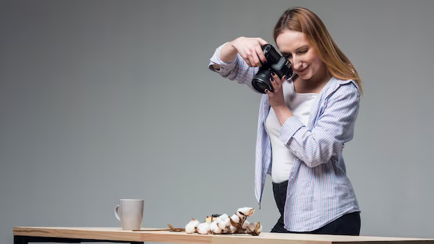 Woman holding a professional camera and taking pictures of food