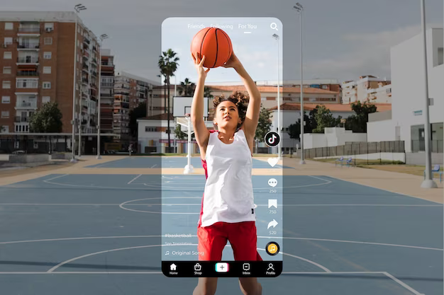 A girl throws a basketball into a hoop on camera