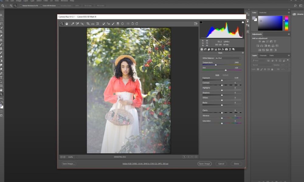 The process of importing a photo into Photoshop