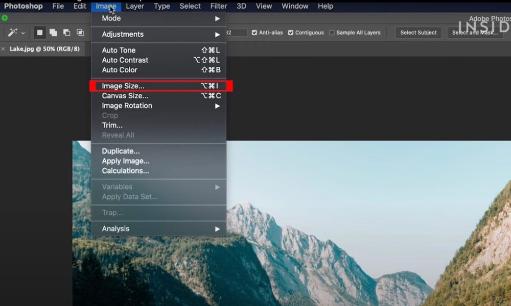 Photo settings menu in Photoshop